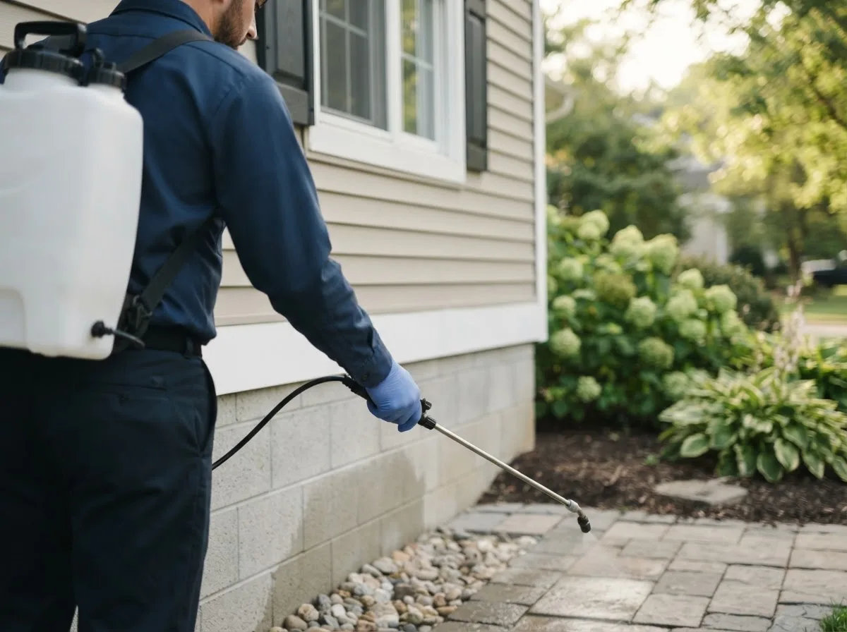 Pest control technician inspecting a home in Langley, OK